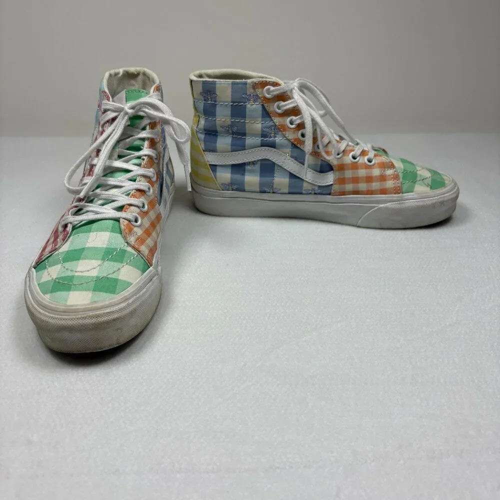 VANS Sneakers Women's Gingham Plaid Colorblock Sk-8 Hi Pink Blue Cottagecore 7.5